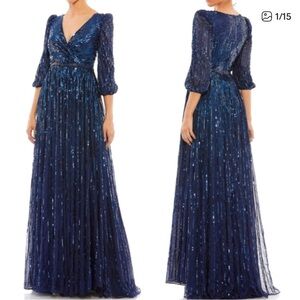 MAC DUGGAL Bishop Sleeve Sequin A-Line Gown NEW Size 14 Dress Midnight Blue
